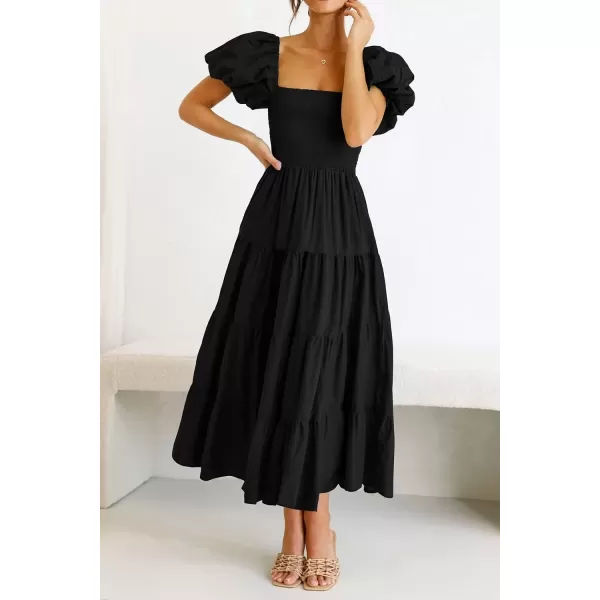imagePRETTYGARDEN Womens Casual Summer Midi Dress Puffy Short Sleeve Square Neck Smocked Tiered Ruffle DressesBlack
