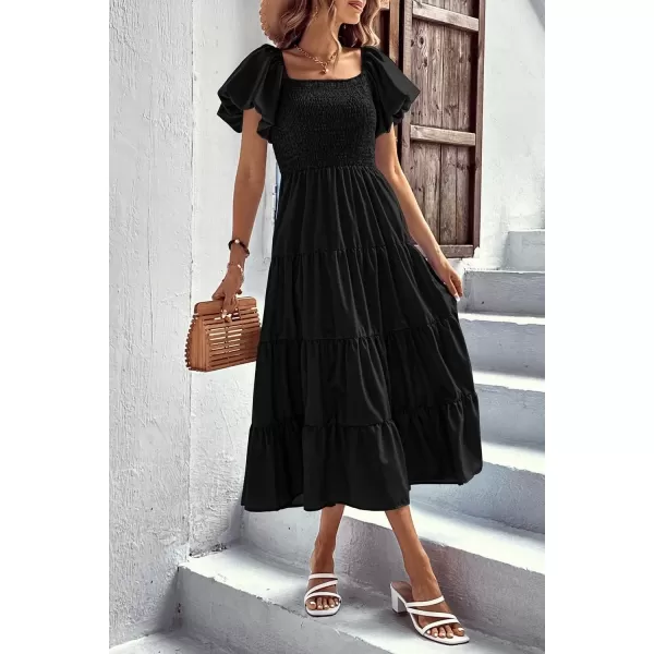 imagePRETTYGARDEN Womens Casual Summer Midi Dress Puffy Short Sleeve Square Neck Smocked Tiered Ruffle DressesBlack