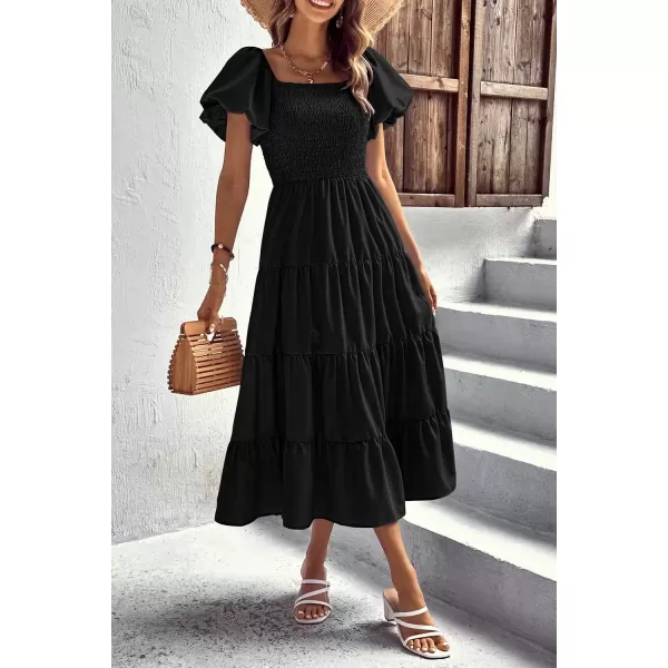 imagePRETTYGARDEN Womens Casual Summer Midi Dress Puffy Short Sleeve Square Neck Smocked Tiered Ruffle DressesBlack