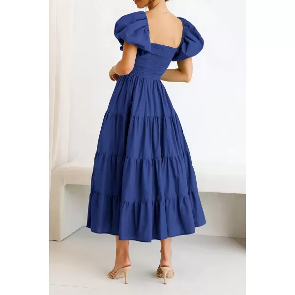 imagePRETTYGARDEN Womens Casual Summer Midi Dress Puffy Short Sleeve Square Neck Smocked Tiered Ruffle DressesBlue