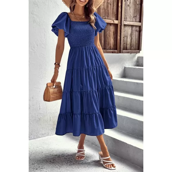 imagePRETTYGARDEN Womens Casual Summer Midi Dress Puffy Short Sleeve Square Neck Smocked Tiered Ruffle DressesBlue