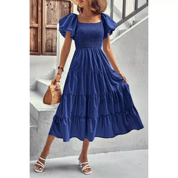 imagePRETTYGARDEN Womens Casual Summer Midi Dress Puffy Short Sleeve Square Neck Smocked Tiered Ruffle DressesBlue