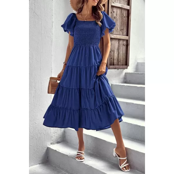 imagePRETTYGARDEN Womens Casual Summer Midi Dress Puffy Short Sleeve Square Neck Smocked Tiered Ruffle DressesBlue
