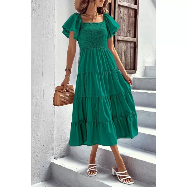 imagePRETTYGARDEN Womens Casual Summer Midi Dress Puffy Short Sleeve Square Neck Smocked Tiered Ruffle DressesDark Green