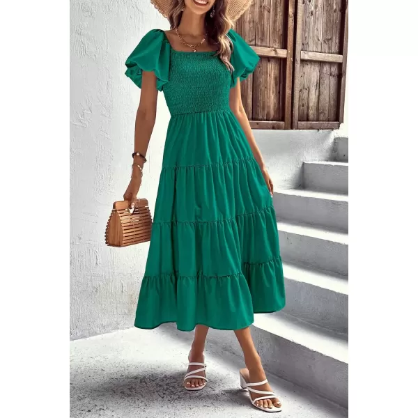 imagePRETTYGARDEN Womens Casual Summer Midi Dress Puffy Short Sleeve Square Neck Smocked Tiered Ruffle DressesDark Green