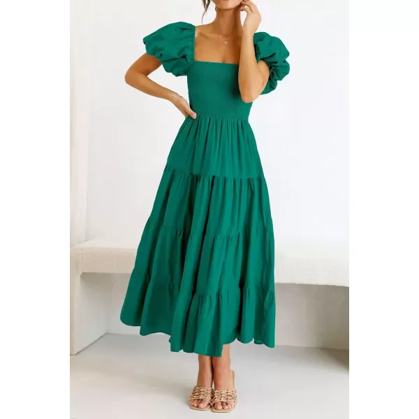 imagePRETTYGARDEN Womens Casual Summer Midi Dress Puffy Short Sleeve Square Neck Smocked Tiered Ruffle DressesDark Green
