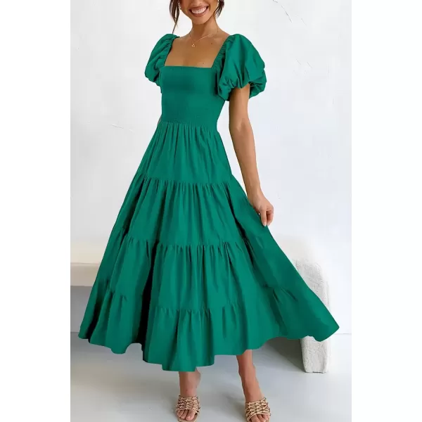 imagePRETTYGARDEN Womens Casual Summer Midi Dress Puffy Short Sleeve Square Neck Smocked Tiered Ruffle DressesDark Green