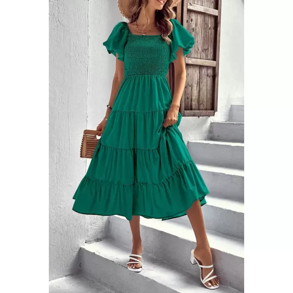 imagePRETTYGARDEN Womens Casual Summer Midi Dress Puffy Short Sleeve Square Neck Smocked Tiered Ruffle DressesDark Green