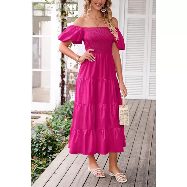 imagePRETTYGARDEN Womens Casual Summer Midi Dress Puffy Short Sleeve Square Neck Smocked Tiered Ruffle DressesDark Rose Red
