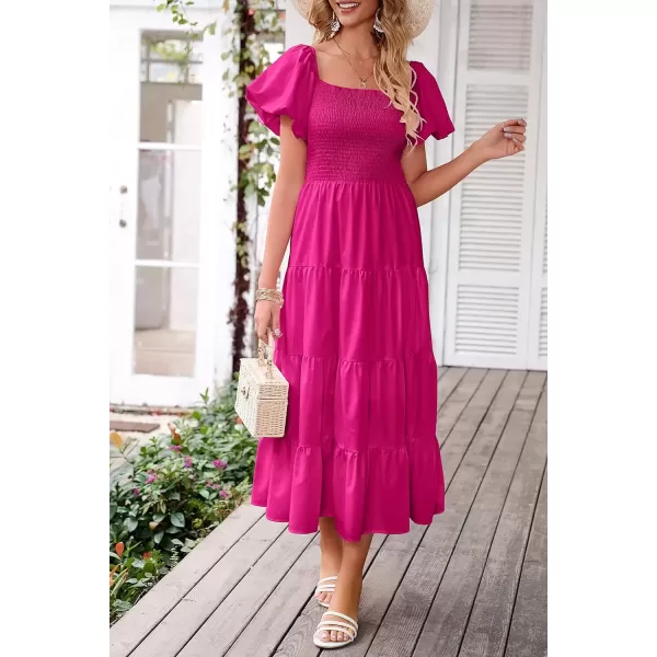 imagePRETTYGARDEN Womens Casual Summer Midi Dress Puffy Short Sleeve Square Neck Smocked Tiered Ruffle DressesDark Rose Red