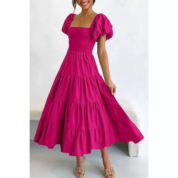 imagePRETTYGARDEN Womens Casual Summer Midi Dress Puffy Short Sleeve Square Neck Smocked Tiered Ruffle DressesDark Rose Red