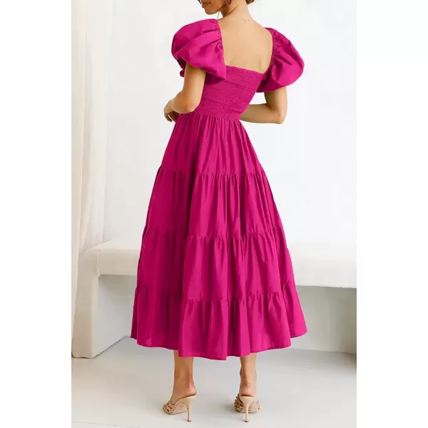 imagePRETTYGARDEN Womens Casual Summer Midi Dress Puffy Short Sleeve Square Neck Smocked Tiered Ruffle DressesDark Rose Red