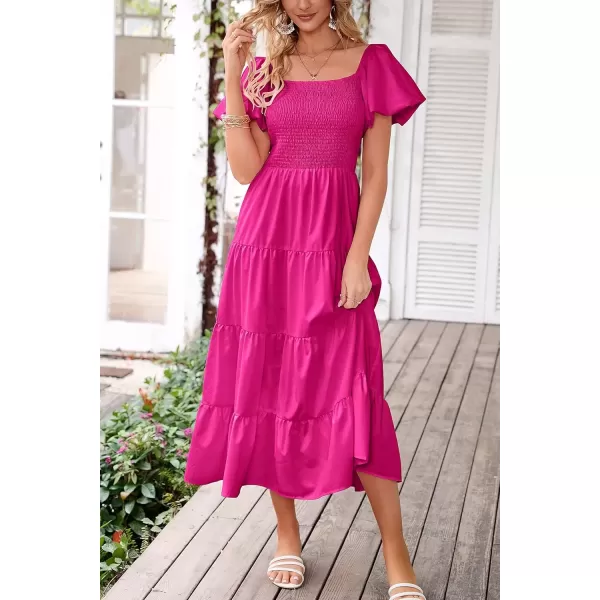 imagePRETTYGARDEN Womens Casual Summer Midi Dress Puffy Short Sleeve Square Neck Smocked Tiered Ruffle DressesDark Rose Red