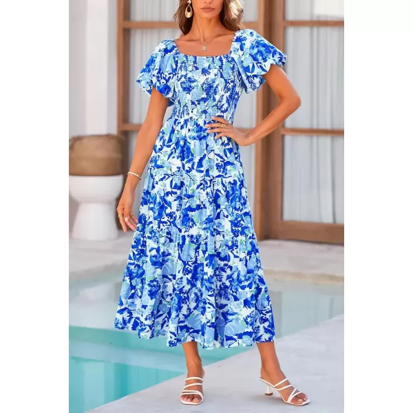 imagePRETTYGARDEN Womens Casual Summer Midi Dress Puffy Short Sleeve Square Neck Smocked Tiered Ruffle DressesFloral Blue