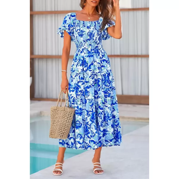 imagePRETTYGARDEN Womens Casual Summer Midi Dress Puffy Short Sleeve Square Neck Smocked Tiered Ruffle DressesFloral Blue