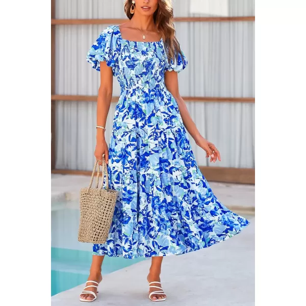 imagePRETTYGARDEN Womens Casual Summer Midi Dress Puffy Short Sleeve Square Neck Smocked Tiered Ruffle DressesFloral Blue