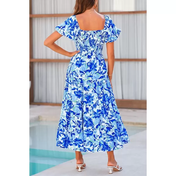 imagePRETTYGARDEN Womens Casual Summer Midi Dress Puffy Short Sleeve Square Neck Smocked Tiered Ruffle DressesFloral Blue