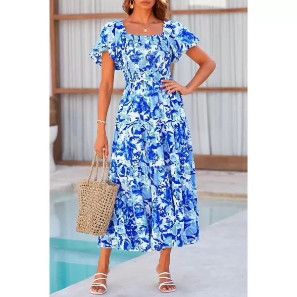 imagePRETTYGARDEN Womens Casual Summer Midi Dress Puffy Short Sleeve Square Neck Smocked Tiered Ruffle DressesFloral Blue