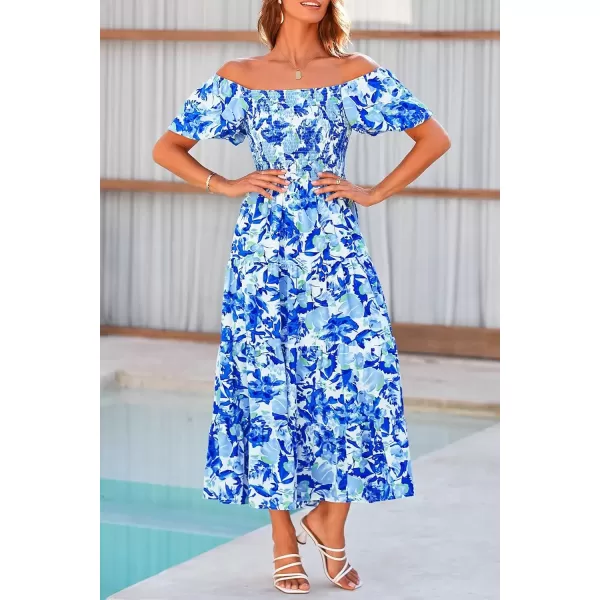 imagePRETTYGARDEN Womens Casual Summer Midi Dress Puffy Short Sleeve Square Neck Smocked Tiered Ruffle DressesFloral Blue