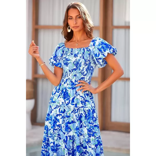 imagePRETTYGARDEN Womens Casual Summer Midi Dress Puffy Short Sleeve Square Neck Smocked Tiered Ruffle DressesFloral Blue