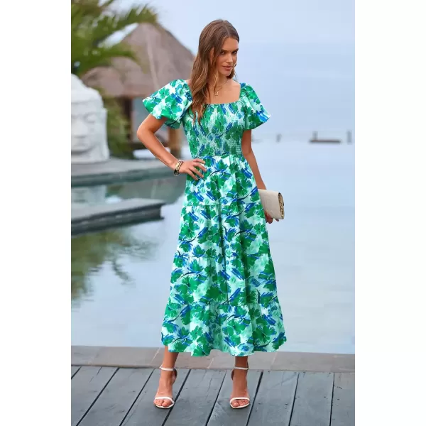 imagePRETTYGARDEN Womens Casual Summer Midi Dress Puffy Short Sleeve Square Neck Smocked Tiered Ruffle DressesFloral Green