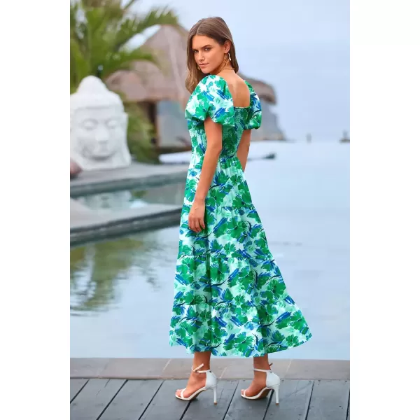 imagePRETTYGARDEN Womens Casual Summer Midi Dress Puffy Short Sleeve Square Neck Smocked Tiered Ruffle DressesFloral Green
