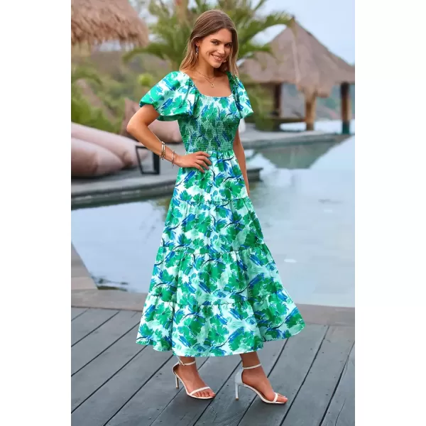 imagePRETTYGARDEN Womens Casual Summer Midi Dress Puffy Short Sleeve Square Neck Smocked Tiered Ruffle DressesFloral Green