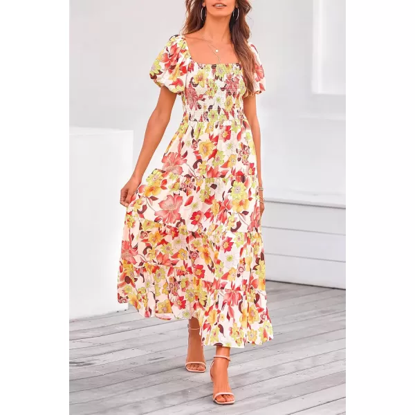 imagePRETTYGARDEN Womens Casual Summer Midi Dress Puffy Short Sleeve Square Neck Smocked Tiered Ruffle DressesFloral Orange Red