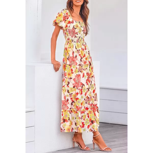 imagePRETTYGARDEN Womens Casual Summer Midi Dress Puffy Short Sleeve Square Neck Smocked Tiered Ruffle DressesFloral Orange Red