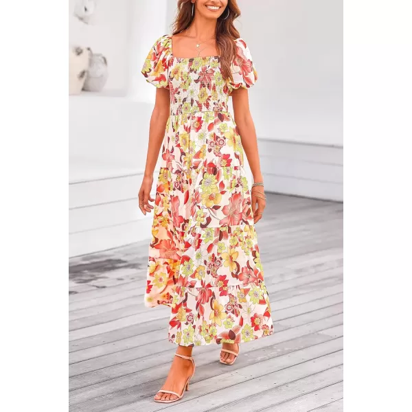 imagePRETTYGARDEN Womens Casual Summer Midi Dress Puffy Short Sleeve Square Neck Smocked Tiered Ruffle DressesFloral Orange Red