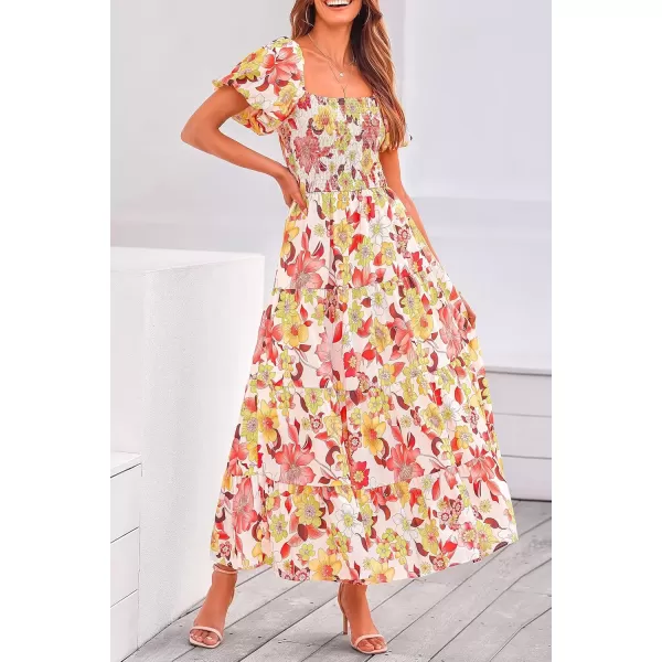 imagePRETTYGARDEN Womens Casual Summer Midi Dress Puffy Short Sleeve Square Neck Smocked Tiered Ruffle DressesFloral Orange Red