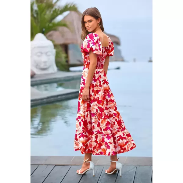 imagePRETTYGARDEN Womens Casual Summer Midi Dress Puffy Short Sleeve Square Neck Smocked Tiered Ruffle DressesFloral Red