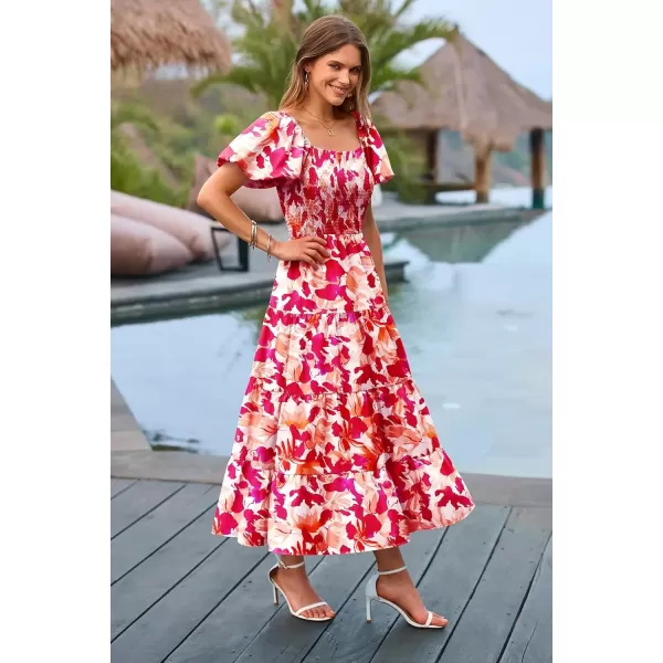 imagePRETTYGARDEN Womens Casual Summer Midi Dress Puffy Short Sleeve Square Neck Smocked Tiered Ruffle DressesFloral Red