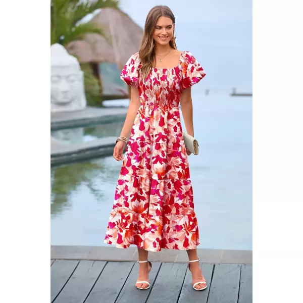 imagePRETTYGARDEN Womens Casual Summer Midi Dress Puffy Short Sleeve Square Neck Smocked Tiered Ruffle DressesFloral Red