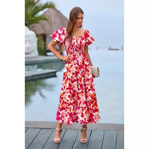 imagePRETTYGARDEN Womens Casual Summer Midi Dress Puffy Short Sleeve Square Neck Smocked Tiered Ruffle DressesFloral Red