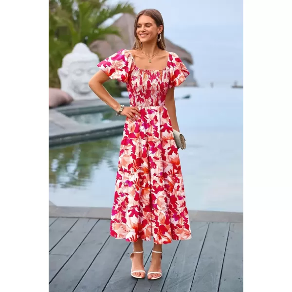 imagePRETTYGARDEN Womens Casual Summer Midi Dress Puffy Short Sleeve Square Neck Smocked Tiered Ruffle DressesFloral Red