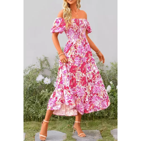 imagePRETTYGARDEN Womens Casual Summer Midi Dress Puffy Short Sleeve Square Neck Smocked Tiered Ruffle DressesFloral Rose Red