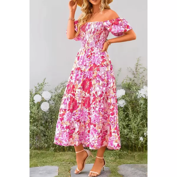 imagePRETTYGARDEN Womens Casual Summer Midi Dress Puffy Short Sleeve Square Neck Smocked Tiered Ruffle DressesFloral Rose Red