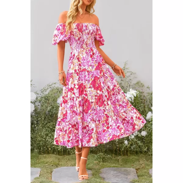 imagePRETTYGARDEN Womens Casual Summer Midi Dress Puffy Short Sleeve Square Neck Smocked Tiered Ruffle DressesFloral Rose Red