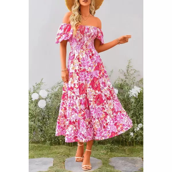 imagePRETTYGARDEN Womens Casual Summer Midi Dress Puffy Short Sleeve Square Neck Smocked Tiered Ruffle DressesFloral Rose Red