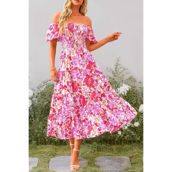 imagePRETTYGARDEN Womens Casual Summer Midi Dress Puffy Short Sleeve Square Neck Smocked Tiered Ruffle DressesFloral Rose Red