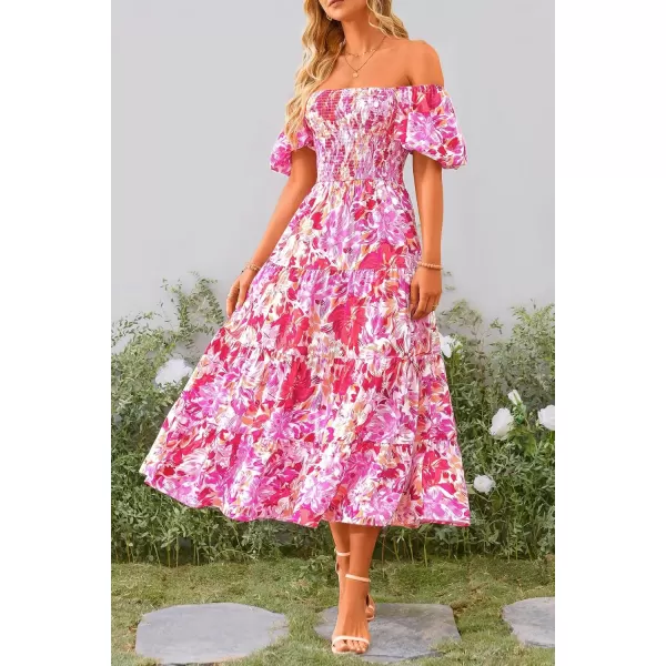 imagePRETTYGARDEN Womens Casual Summer Midi Dress Puffy Short Sleeve Square Neck Smocked Tiered Ruffle DressesFloral Rose Red