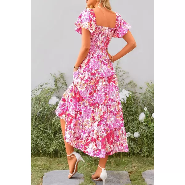 imagePRETTYGARDEN Womens Casual Summer Midi Dress Puffy Short Sleeve Square Neck Smocked Tiered Ruffle DressesFloral Rose Red