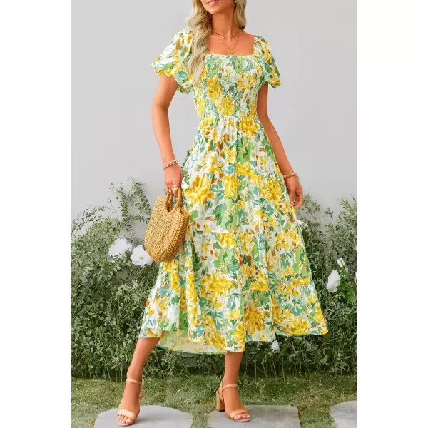 imagePRETTYGARDEN Womens Casual Summer Midi Dress Puffy Short Sleeve Square Neck Smocked Tiered Ruffle DressesFloral Yellow