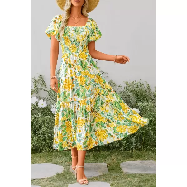 imagePRETTYGARDEN Womens Casual Summer Midi Dress Puffy Short Sleeve Square Neck Smocked Tiered Ruffle DressesFloral Yellow