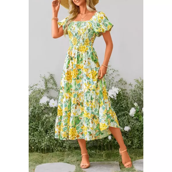 imagePRETTYGARDEN Womens Casual Summer Midi Dress Puffy Short Sleeve Square Neck Smocked Tiered Ruffle DressesFloral Yellow