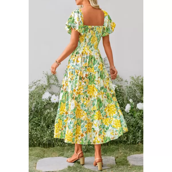 imagePRETTYGARDEN Womens Casual Summer Midi Dress Puffy Short Sleeve Square Neck Smocked Tiered Ruffle DressesFloral Yellow