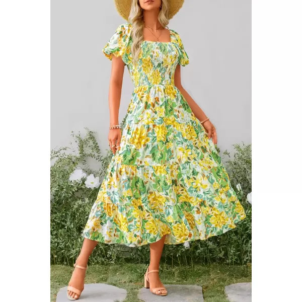 imagePRETTYGARDEN Womens Casual Summer Midi Dress Puffy Short Sleeve Square Neck Smocked Tiered Ruffle DressesFloral Yellow