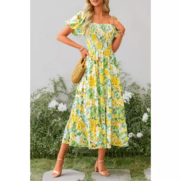imagePRETTYGARDEN Womens Casual Summer Midi Dress Puffy Short Sleeve Square Neck Smocked Tiered Ruffle DressesFloral Yellow