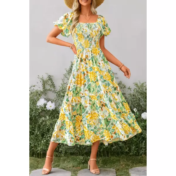 imagePRETTYGARDEN Womens Casual Summer Midi Dress Puffy Short Sleeve Square Neck Smocked Tiered Ruffle DressesFloral Yellow
